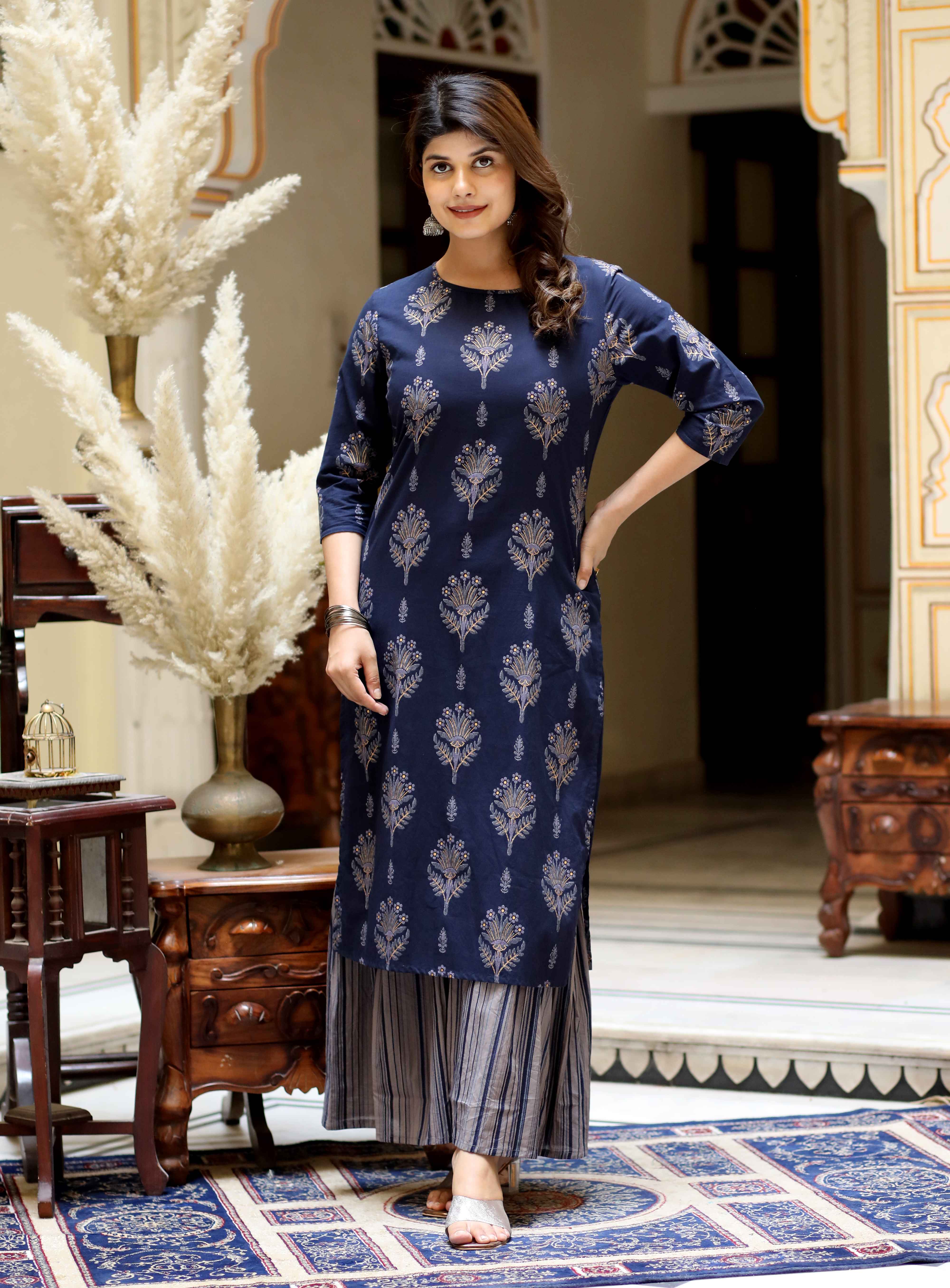 Blue Floral Cotton Kurta with Grey Sharara Set